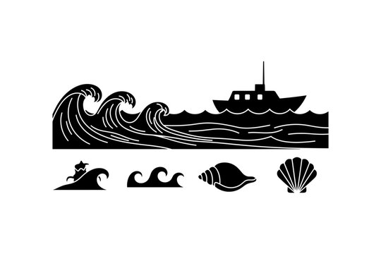 Stylized black and white graphic of a boat on waves with seashells and smaller waves below