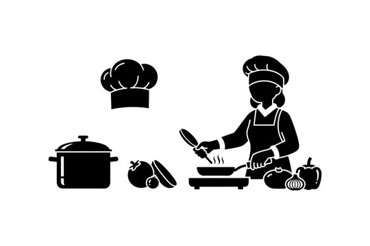 Chef cooking food in a pan with vegetables and pots on a white background