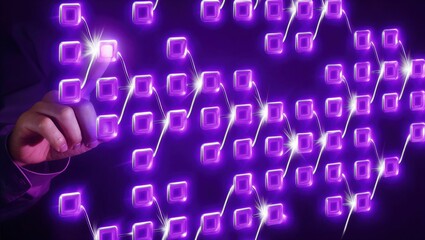 Decision tree diagram. Scenario analysis and strategic planning. AI and machine learning algorithms. Businessperson tapping the diagram.