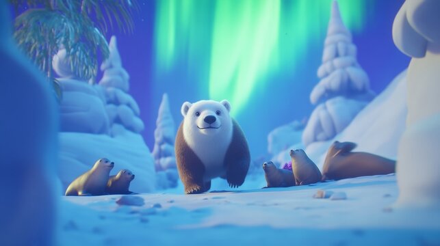 A cartoon bear is walking through a snowy forest with other animals. The bear is the main focus of the image, and the other animals are scattered around it. Scene is lighthearted and playful