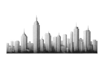 Obraz premium Monochromatic dot art cityscape with diverse skyscrapers and architectural variety