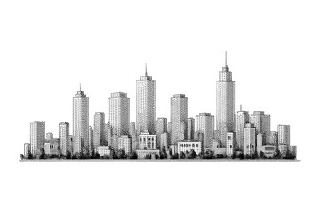 Naklejka premium Minimalist black and white dot art cityscape with diverse skyscrapers and trees