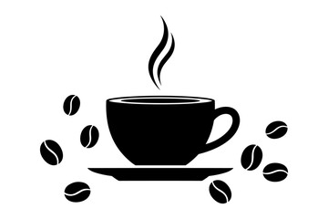 Black silhouette of a steaming cup of coffee with scattered coffee beans on a white background