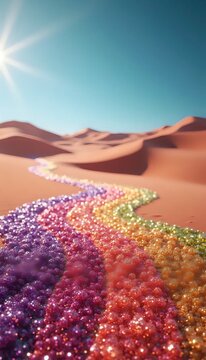 A close up of a desert landscape with a rainbow colored substance on the ground.