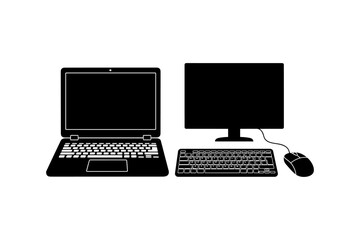Black silhouette of a laptop and desktop computer setup with keyboard and mouse