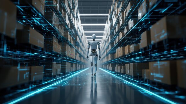 Warehouse robot moving packages in automated fulfillment center