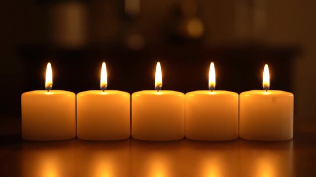 Five burning candles arranged in a row, with warm light and reflections. A dark ambiance