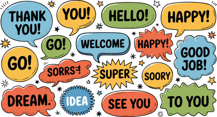Collection of colorful speech bubbles with positive messages and greetings © Md