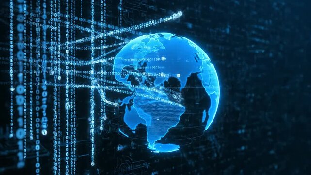 Glowing digital world concept featuring Earth globe in blue with binary code streams. Dark blue backdrop