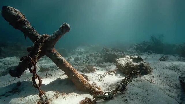 A mysterious underwater scene with a rusty anchor evokes a sense of history and exploration, perfect for travel and adventure content.