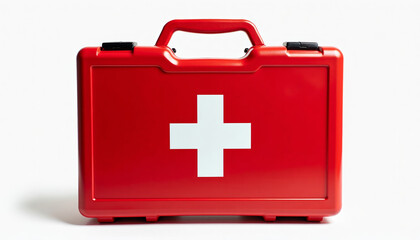 Obraz premium Front view of a bright red emergency medical suitcase isolated on a white background, featuring a prominent white cross.
