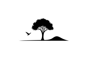 Minimalist black silhouette of a tree with a bird flying by and rolling hills