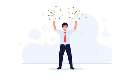 Man celebrating success with confetti and uplifted arms, flat design