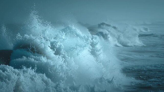 Powerful ocean waves crashing under dark stormy sky, dramatic seascape capturing the force of cyclone and hurricane weather
