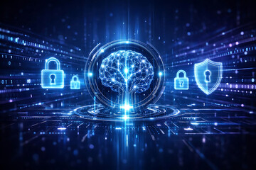 Fototapeta premium A close-up view of glowing binary code (1s and 0s) rendered in a cool teal hue cyber security background featuring a central neural AI core