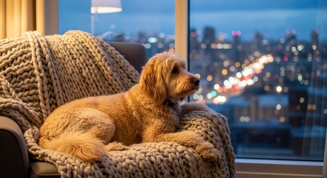 A golden doodle dog rests comfortably on a knitted blanket on a couch, gazing out at a city skyline at dusk.