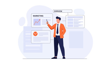 Business man presenting marketing strategy with charts and overview