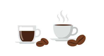 Obraz premium Two cups of coffee, one steaming hot, with roasted coffee beans on a white background