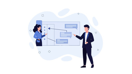 Business team brainstorming, planning strategy, presenting ideas on whiteboard