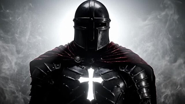 Mysterious knights templar crusader in dark armor with glowing holy cross symbol amidst smoke and light, evoking ancient power and chivalry