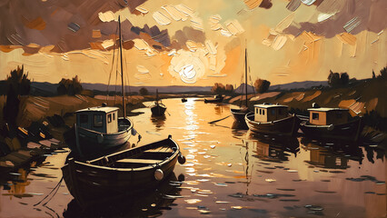 Obraz premium Boats reflect a vibrant sunset over a calm river. Boats anchor in the foreground, bathed in golden light.