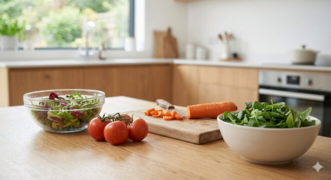 Cuisine moderne avec plan de travail en bois, l&eacute;gumes frais et pr&eacute;paration culinaire saine dans un int&eacute;rieur lumineux.