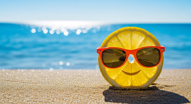 Citron avec lunettes de soleil sur la plage, image cr&eacute;ative et humoristique estivale.