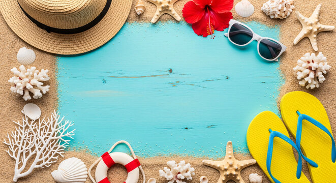 Accessoires de plage sur fond bleu avec chapeau, lunettes et &eacute;l&eacute;ments estivaux.