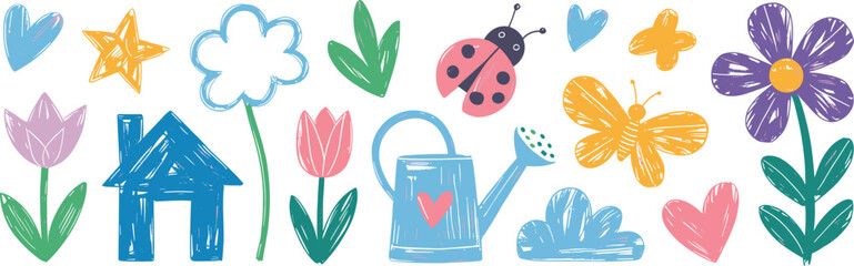 Cute hand drawn garden doodle set with flowers butterfly house watering can hearts, colorful vector illustration collection © Jisan World