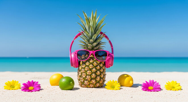 Ananas avec casque audio et lunettes de soleil sur la plage, concept cr&eacute;atif et amusant de l&rsquo;&eacute;t&eacute;.