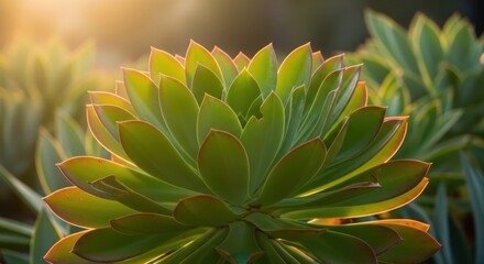 Close-up detailed view of a vibrant green succulent with sunlight highlighting its layered petals and edges