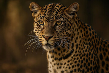 Fototapeta premium A captivating close-up reveals a leopard partially concealed by lush green foliage