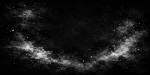 An abstract black and white space background featuring a dark night sky filled with textured clouds, smoke, and starlight amidst a cosmic explosion of light and fog © PAGLAA