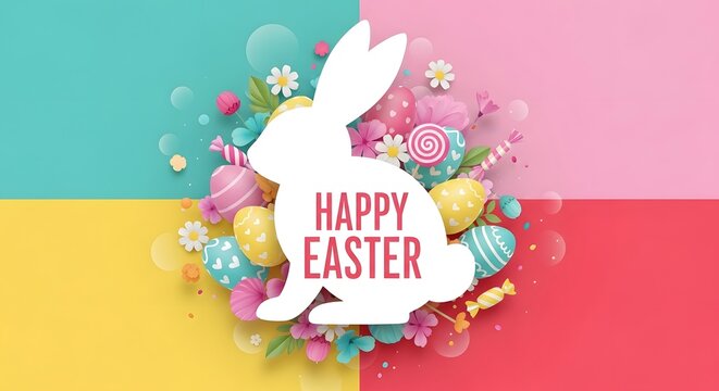Happy easter sunday celebration with bunny and colorful eggs