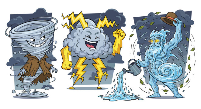 Cartoon personifications of natural forces: tornado, thunderstorm, and water spirit