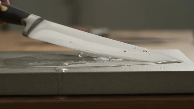 Sharpening a chef's knife with water stone and preparing a blade
