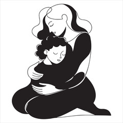 continuous silhouette drawing of mother embracing child