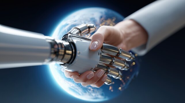 Human and robot handshake representing trust, governance, and responsible AI