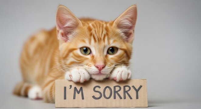 An adorable orange cat with a sign that says I'm sorry