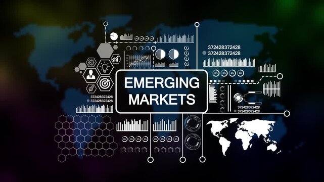 emerging marketing Business, Technology, Internet and network concept. Young businessman shows the word on the virtual display of the future on world map background. 