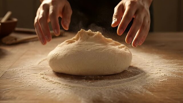 Preparing fresh homemade dough on a wooden surface with dusting of flour