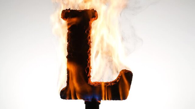 A burning letter L on fire with flames and smoke isolated on white background for dramatic or destruction concept