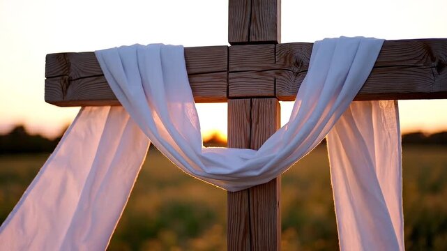 Close up of a wooden Christian cross draped with a white cloth standing in a field during a golden sunset.