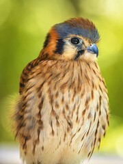 Close up portrait of an American kestrel showing detailed brown and rust colored plumage against a soft green background in natural habitat.