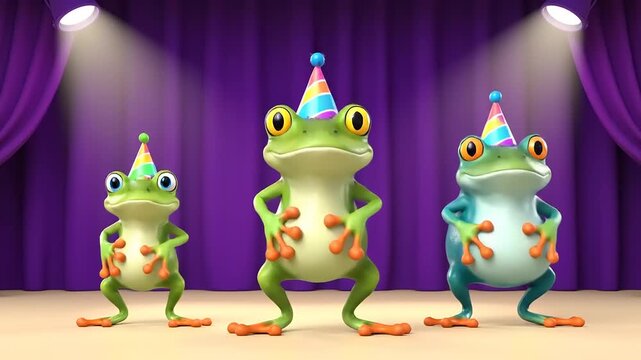 Three anthropomorphic frogs wearing party hats dance in the spotlight on stage. Cartoon style, purple curtains in the background, festive scene.