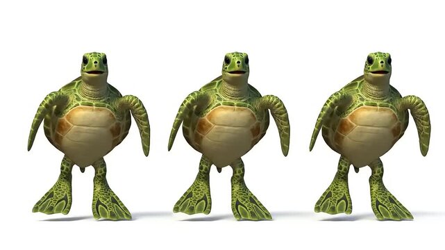 Animated turtles walking happily in a row, against white backdrop; computer graphics, playful and friendly; sea turtle theme