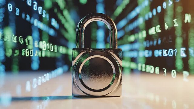 A shiny padlock on a table with a blurred digital background of green and blue code, symbolizing cybersecurity and data protection for business or technology use