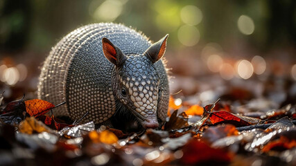 Obraz premium Armadillo exploring forest floor with vibrant autumn leaves