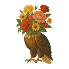 Fototapeta premium PNG Surreal owl floral bouquet illustration.