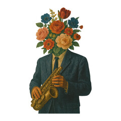Fototapeta premium PNG Surreal floral-headed saxophonist illustration.